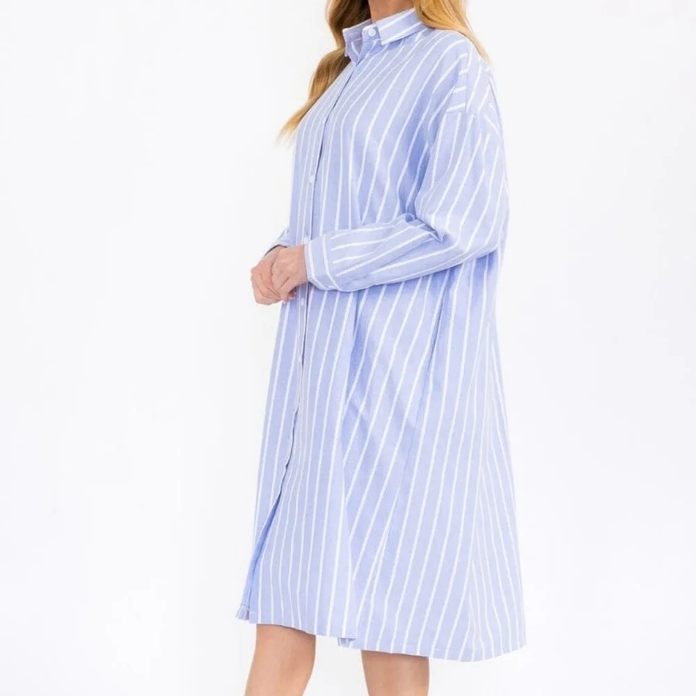 Million‎ Colors Blue Striped Midi Shirt Dress Long Sleeve Linen Cotton